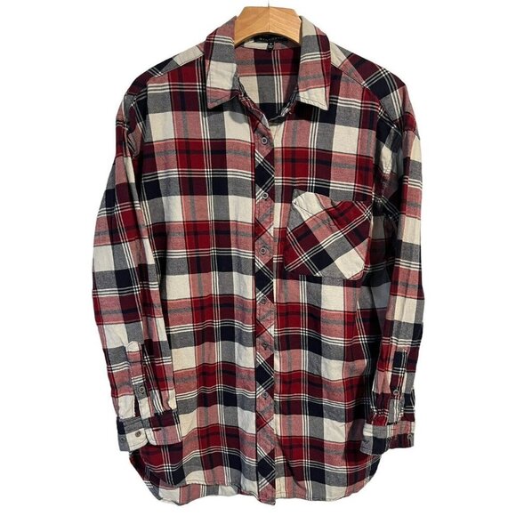 Staccato Tops - Staccato Shirt Flannel Womens Medium Red Blue Button Up Plaid Pocketed Winter